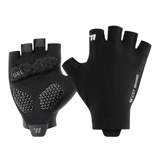 Black half-finger cycling gloves with padded palm sections and breathable open fingertips