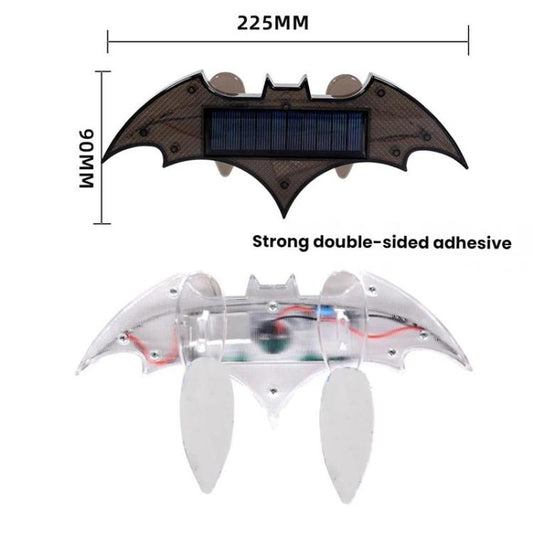 Solar-powered rear wing light with solar panel and adhesive tabs; bat-shaped design