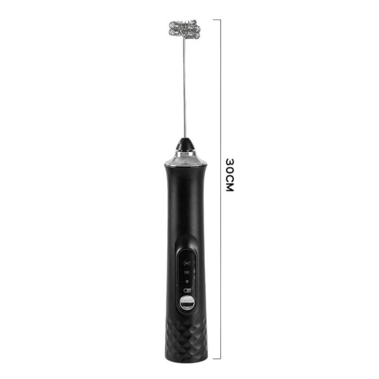 Handheld wireless milk frother, black handle with whisk head and power button