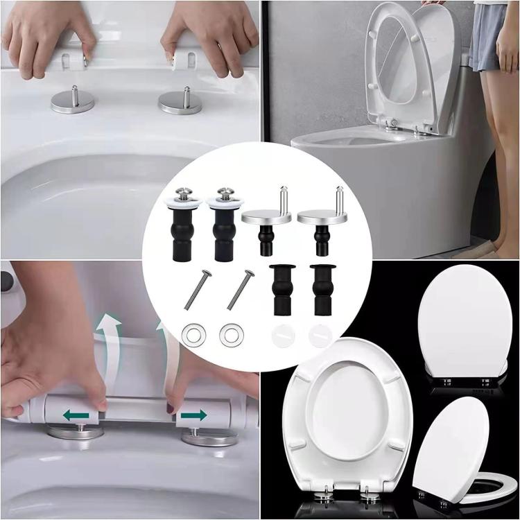 Toilet seat hinge replacement kit with bolts, washers, and black spacers, installation shown