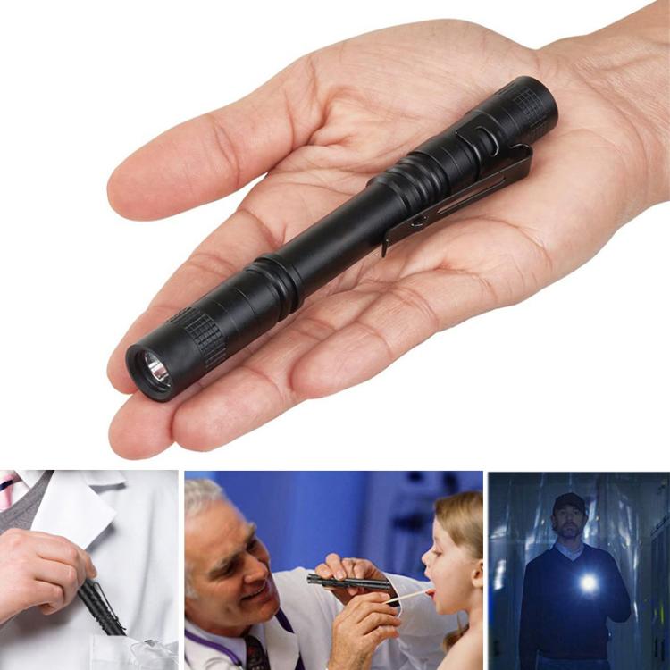 Handheld mini waterproof LED flashlight held in hand, emitting bright white light