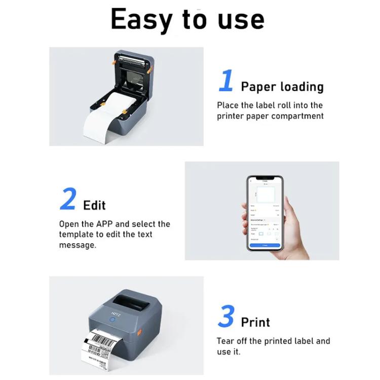 Thermal label printer with app setup steps and printed shipping labels