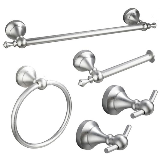 Silver wall-mounted bathroom hardware set: towel bar, towel ring, robe hooks, paper holder