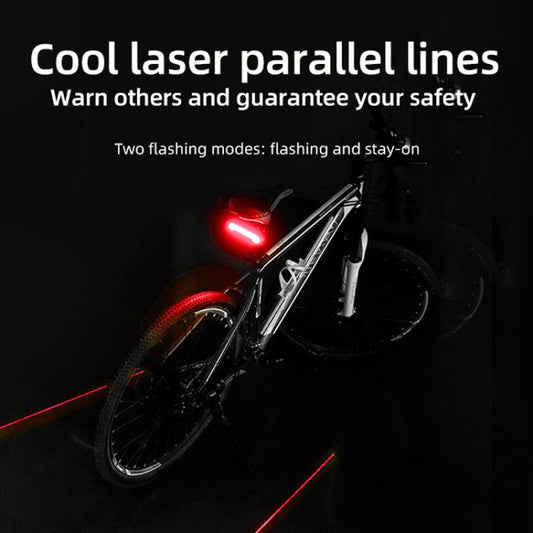 Laser bicycle tail light projecting red parallel lines, mounted on rear frame