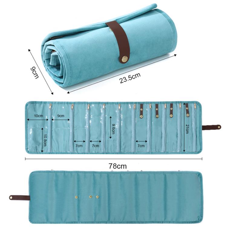 Light blue roll-up jewelry organizer bag with strap, dimensions, and open pocket layout