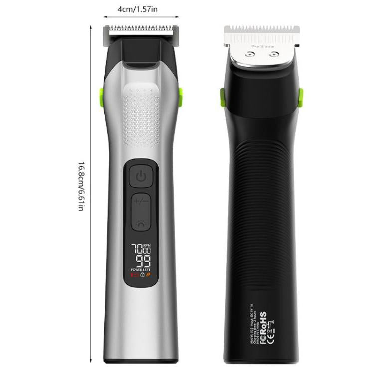 Electric hair clipper front and side view with display, buttons, and comb attachment