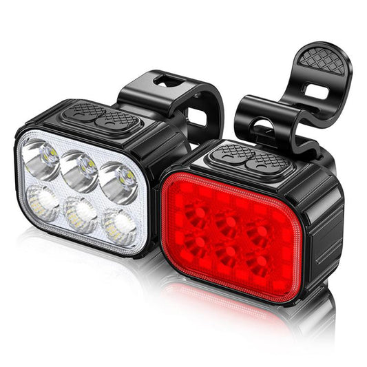 Rechargeable bicycle front headlight with white LEDs and rear tail light with red LEDs