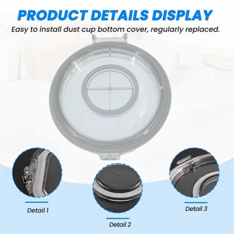 Vacuum dust cup bottom cover, circular translucent plastic with latch tabs