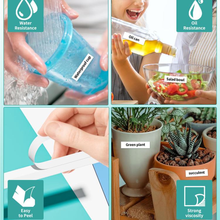 Phomemo laminated label tape benefits graphic: water and oil resistance, easy peel