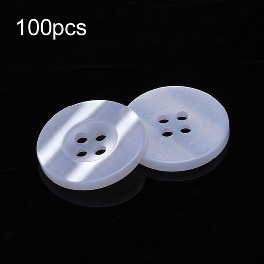 Pearlescent resin 4-hole round button in light blue/white, front view pair