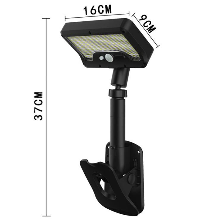 Black clip-on solar motion sensor light fixture with angled LED panel and mount