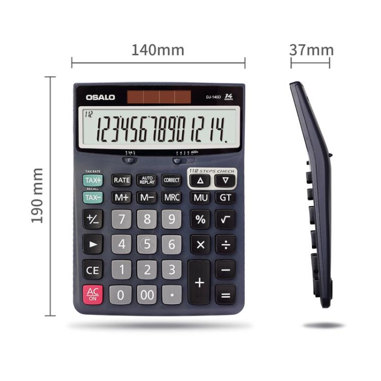 OSALO 14-digit calculator with slim side profile; solar powered dark body