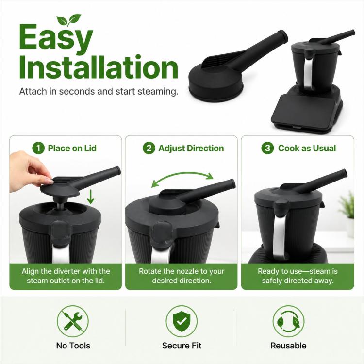 Black silicone steam diverter installed on lid with rotatable steam release pipe