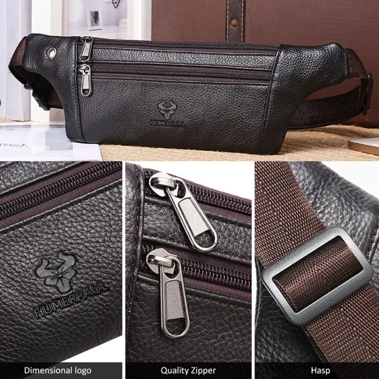 Men's black leather waist bag collage: embossed logo, zippers, and secure buckle hasp
