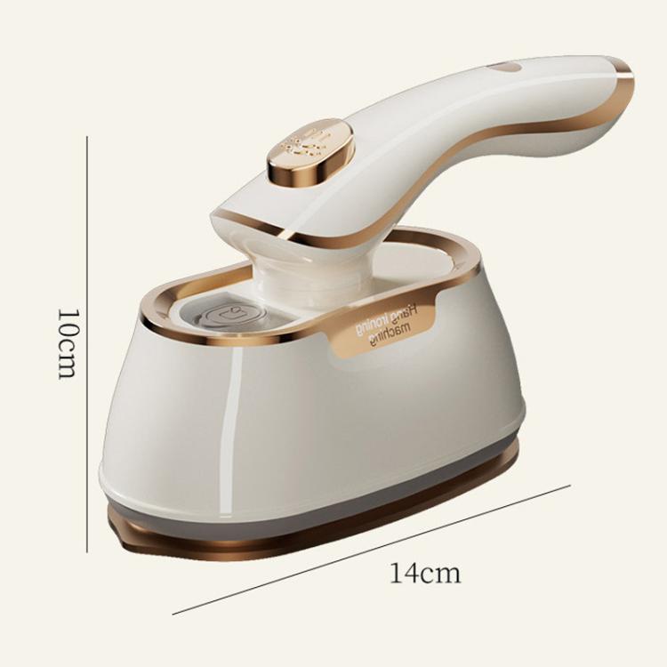 White portable garment steamer, compact handheld design with gold base accents
