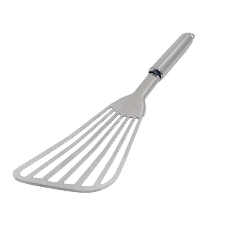 Stainless steel slotted spatula with long handle and angled fork head