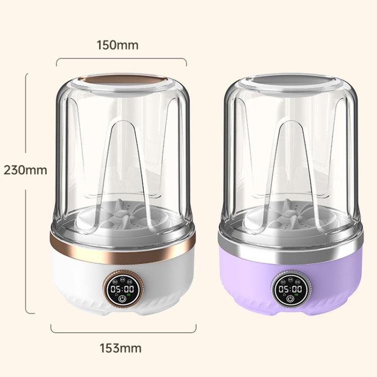 Two mini portable washing machines with clear lids: white and purple bases, digital timers
