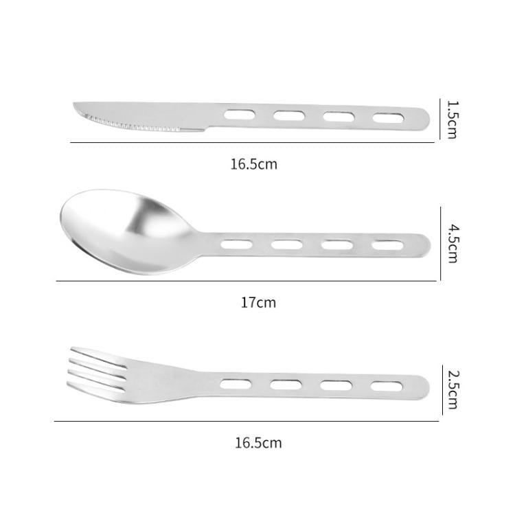 Stainless steel camping spoon, knife, and fork with size measurements in cm