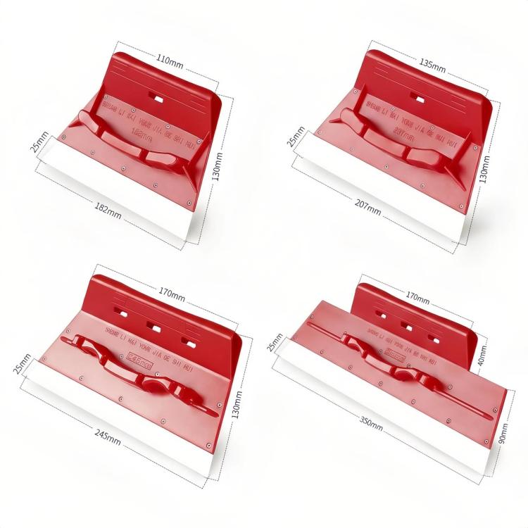 Putty knife paint scraper with red blade and holes, size measurements shown