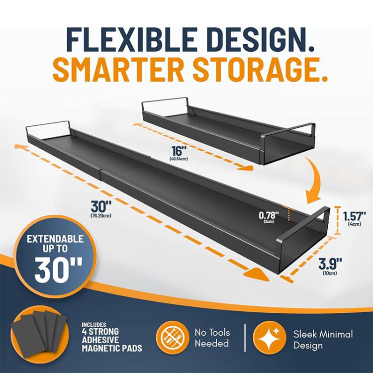 Extendable telescopic magnetic rear stove storage shelf with raised end rails and edges