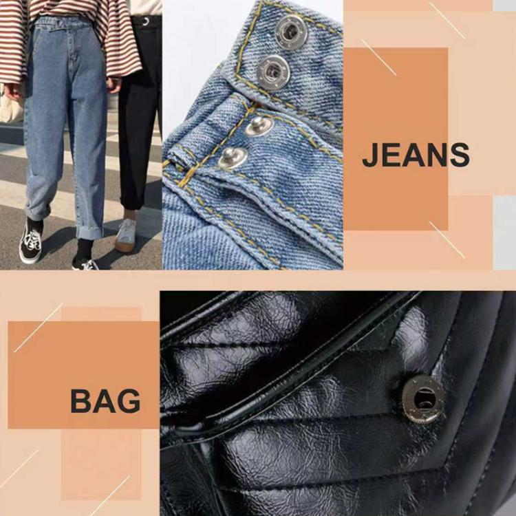Black metal snap fasteners used on jeans and a leather bag closure