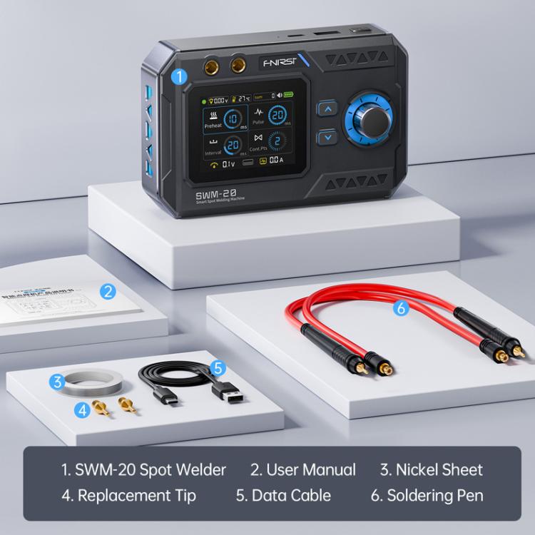 Handheld FNIRSI SWM-20 spot welder with color screen and welding pen, cables included