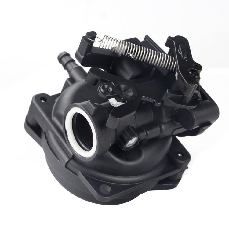 Lawn mower carburetor assembly with black casing, intake manifold opening, and return spring