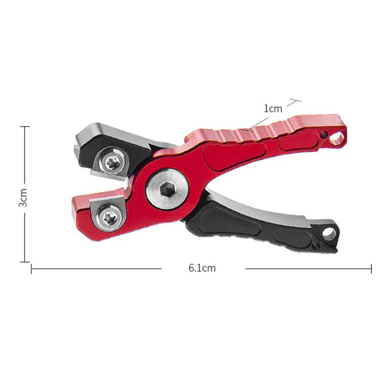 Compact mini fishing line cutter shears with red handle and silver metal blade