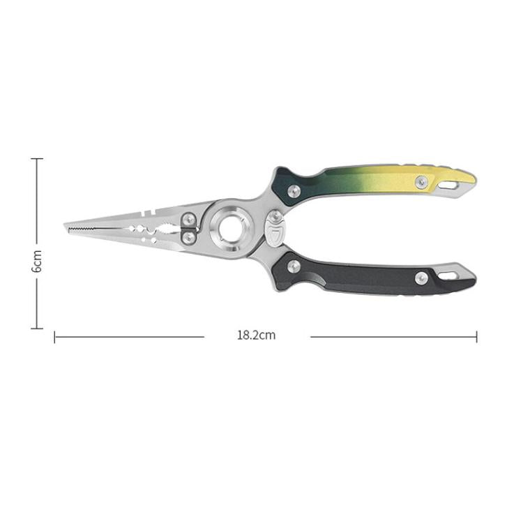 Lure pliers with stainless jaws and green-yellow handle; approx 18.2 cm length