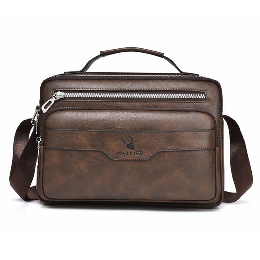 Dark brown PU men’s business shoulder bag with top handle, front zip pocket, and crossbody strap