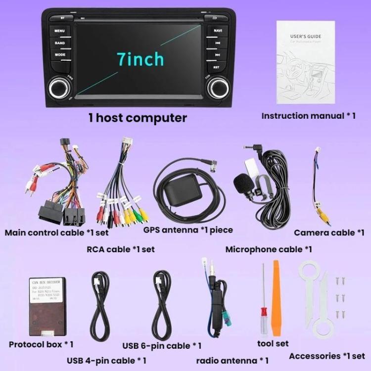 Car navigation receiver kit with instruction manual and visible wiring harnesses and antennas