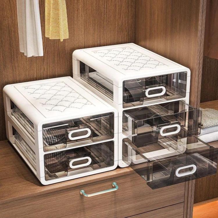 Set of white clear drawer organizers with rounded handles, open bins for socks or underwear