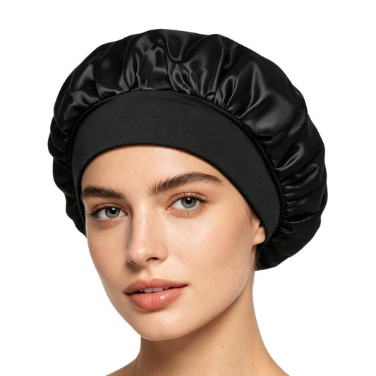 Adjustable satin shower cap in black, gathered wide brim sleep bonnet style