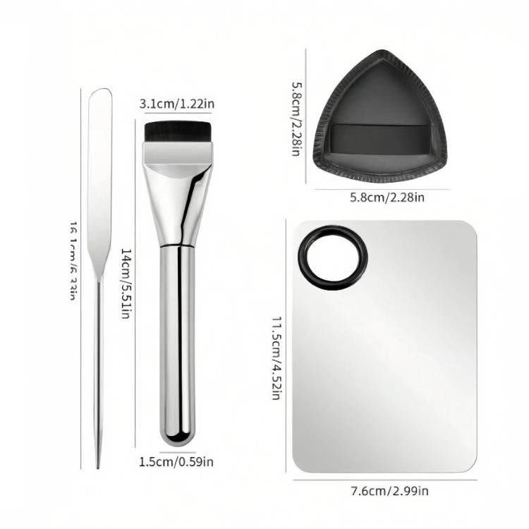 Makeup mixing tool set with brush, spatula, palette, ring, and puff with size chart
