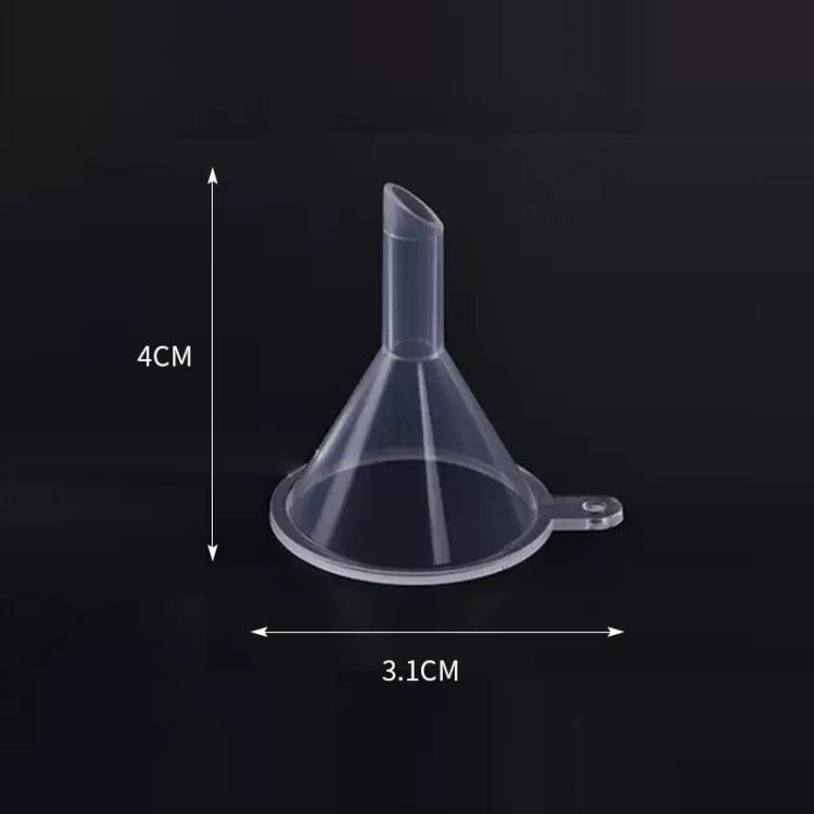 Clear mini funnel, 4 cm tall and 3.1 cm wide opening, with rim tab