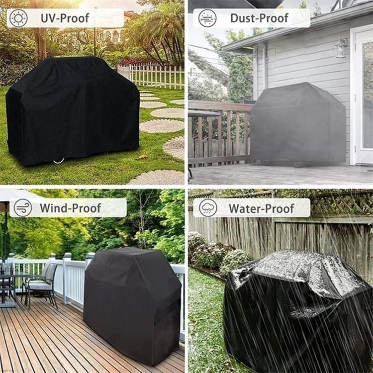 Black BBQ grill cover protecting grill on deck, patio, and lawn