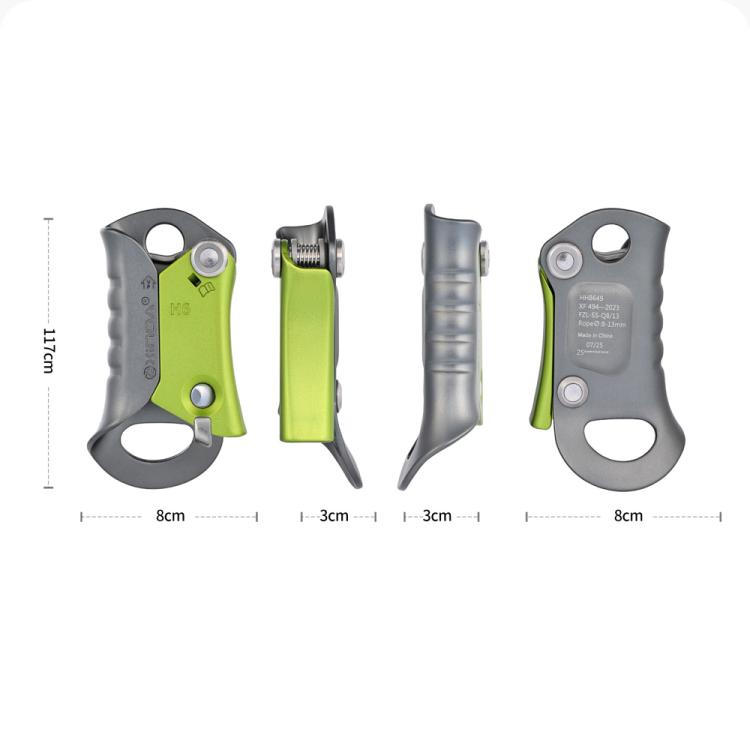 Rope ascender size view showing green-and-gray device and side profile