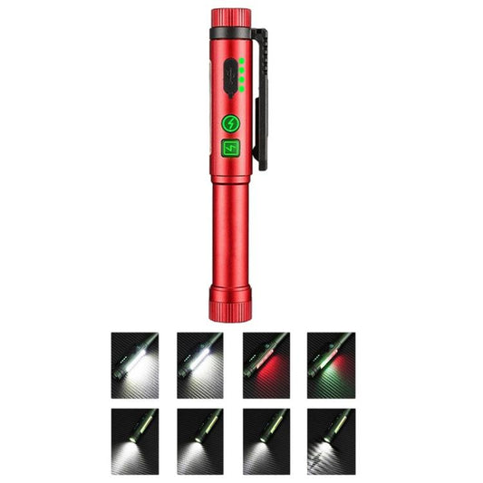 Red pen-shaped flashlight with magnetic clip and green indicator lights on the side