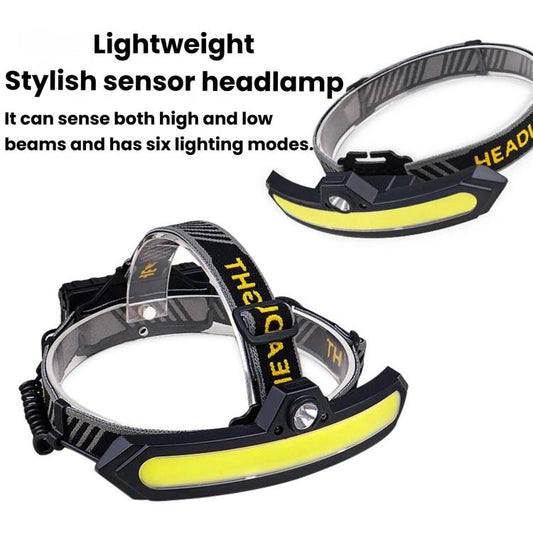 Black sensor headlamp with yellow LED strip and adjustable fabric headband