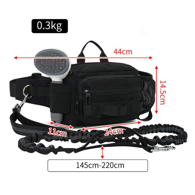 Black dog walking waist bag with front zip pocket, bottle holder, and attached leash