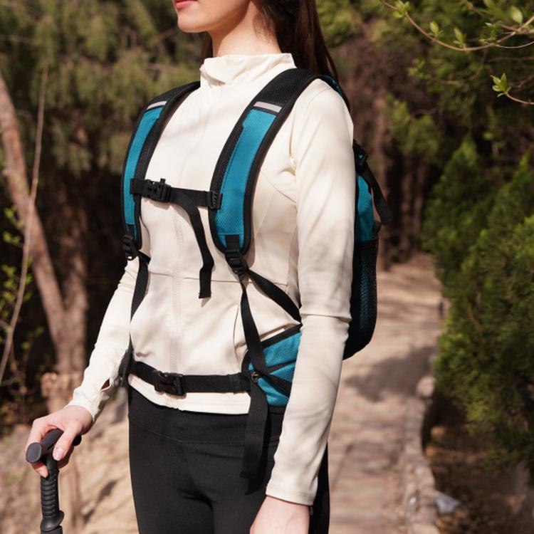 Waterproof cycling backpack in blue with chest strap and front carry handle while worn