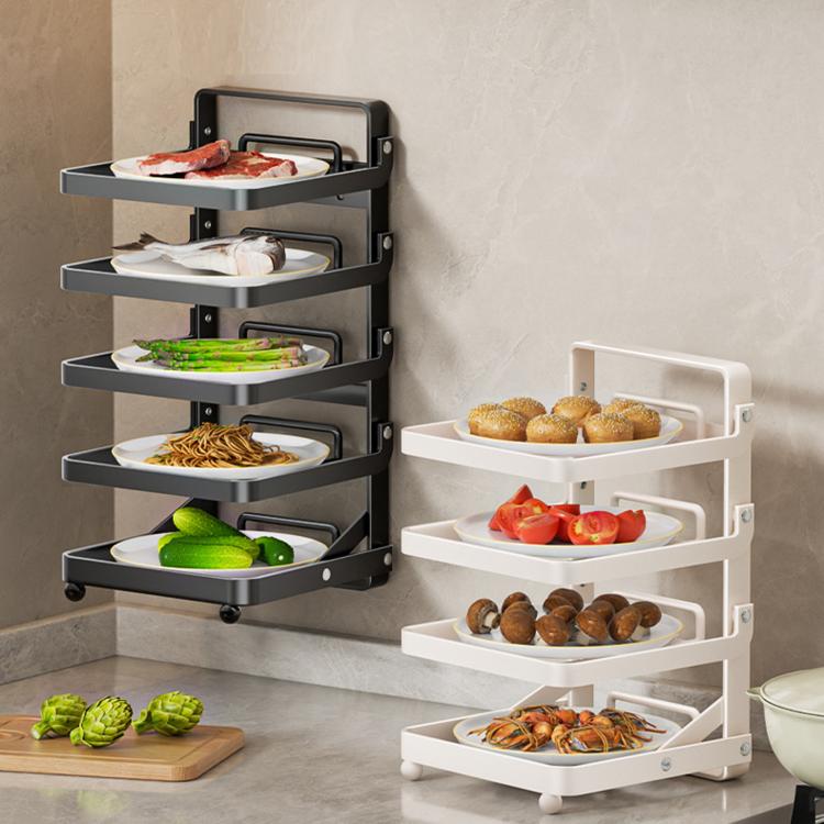 Foldable 4-tier food preparation racks, black and white, with four stacked shelves