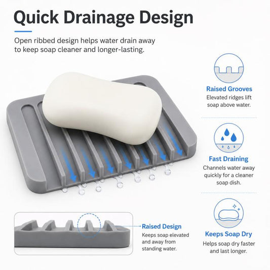 Gray ridged soap dish tray with soap bar and visible drainage channels