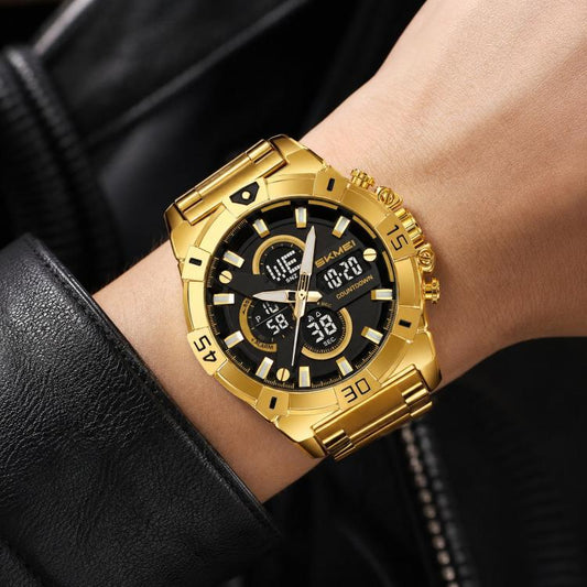 Gold dual-display sports watch with stainless bracelet and black luminous dial