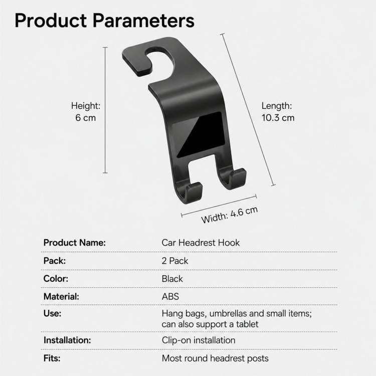 Black ABS car headrest hook clip, 2-pack shown with size and product parameters
