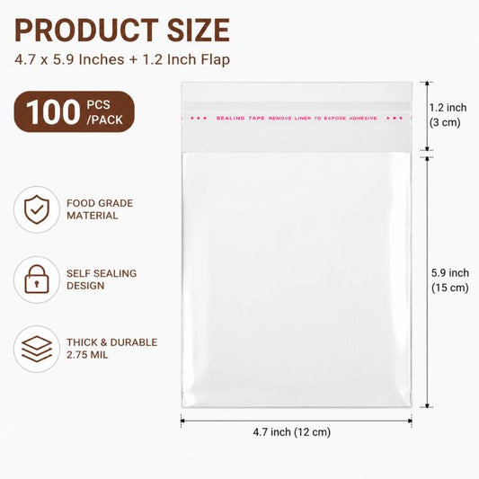 Clear self-sealing snack bags with top flap, size shown for 4.7x5.9+1.2 in
