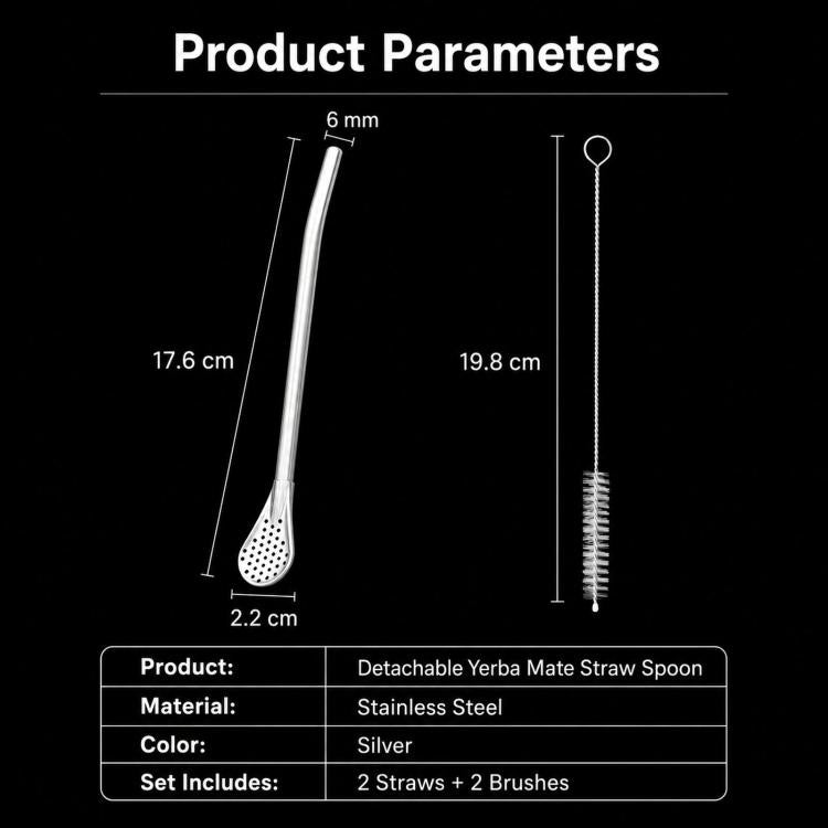 Silver stainless steel yerba mate straw spoon filter with matching cleaning brush