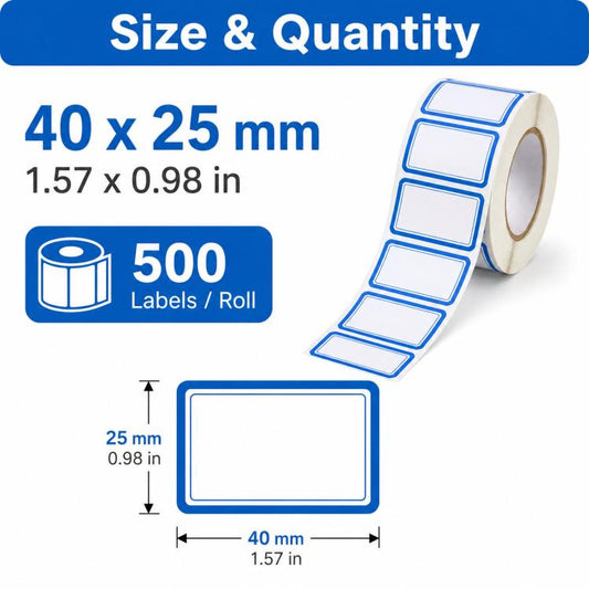 Blank write-on labels roll, 1.57 x 0.98 in size, 500 labels per roll