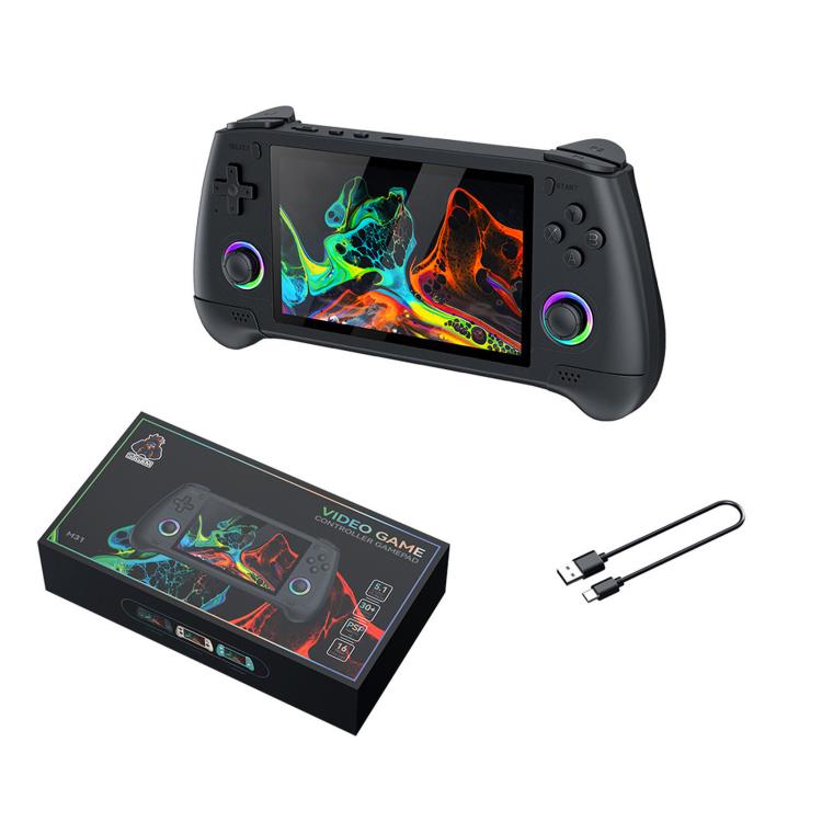 Black retro handheld game console with retail box and USB charging cable