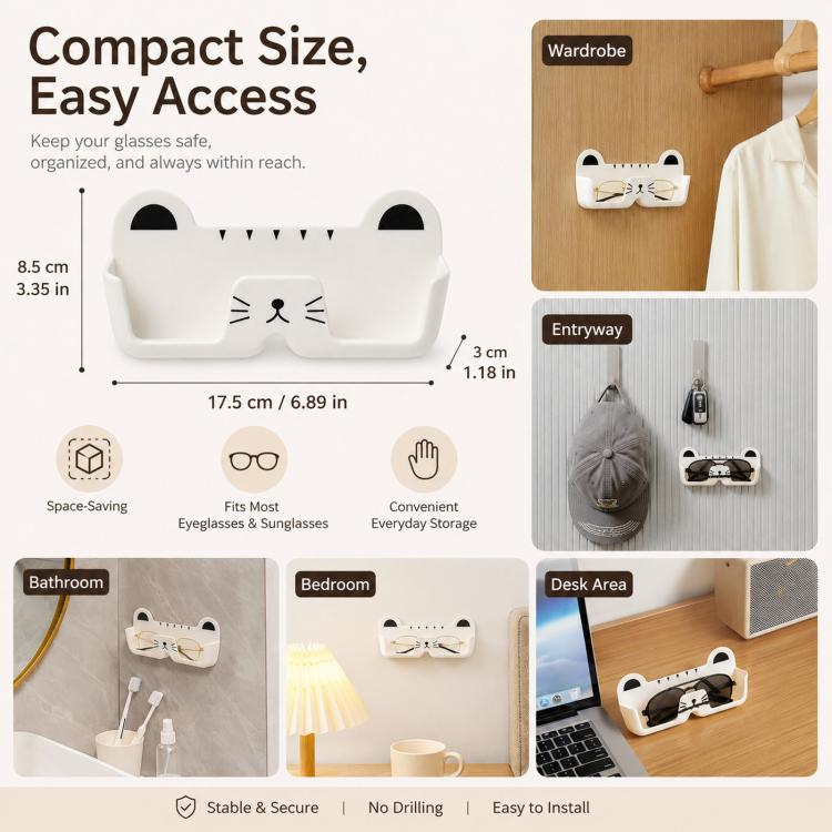 Compact cat-face glasses holder wall mount with adhesive pad for easy reach